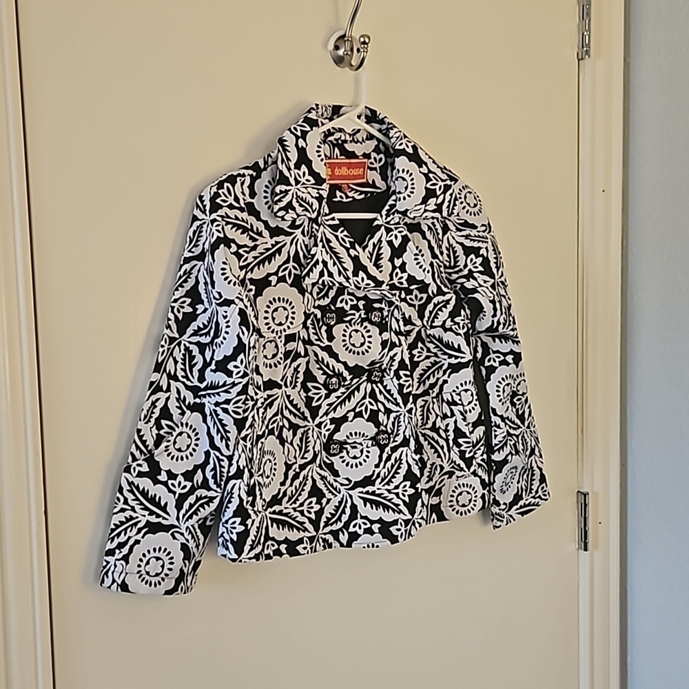DOLLHOUSE Monochrome Floral Double Breasted Swing Jacket Size 10/12 - Picture 2 of 8